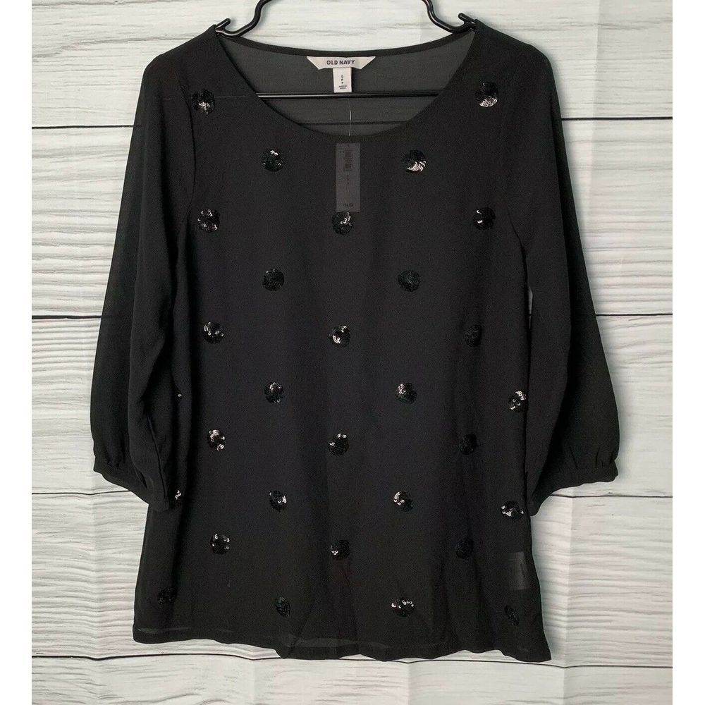Old Navy Blouse Sheer 3/4 Sleeves Sequence Dots S
